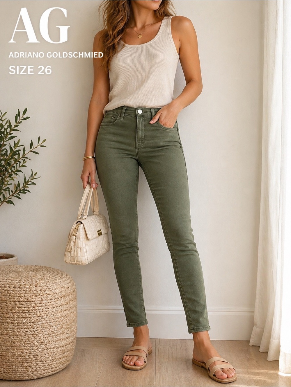 AG Adriano Goldschmied Olive Green Skinny Jeans Size 26 Stretch Mid Rise  Denim